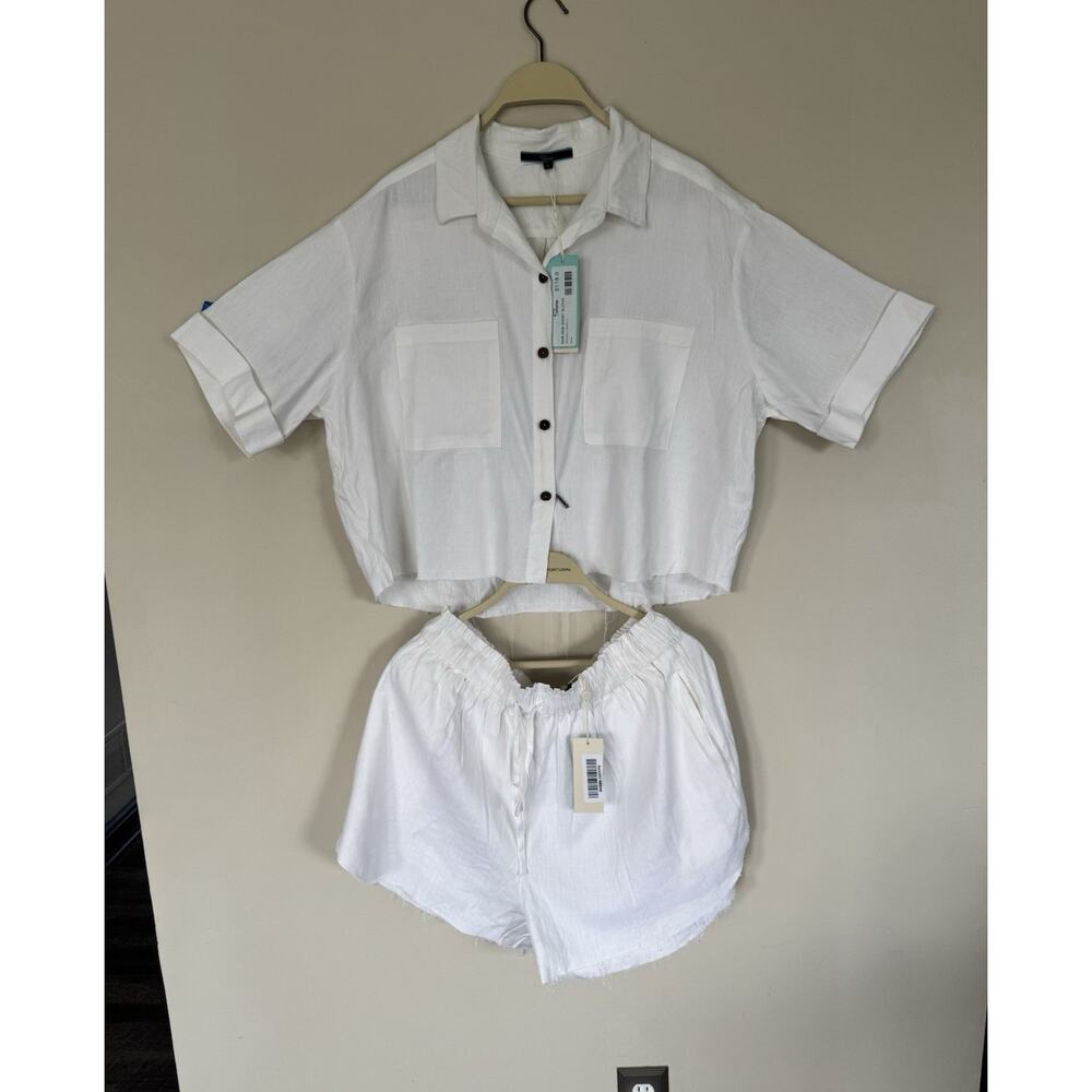 Shore Linen 2pc Set Button-Up Shirt & Shorts Elastic Drawstring White L